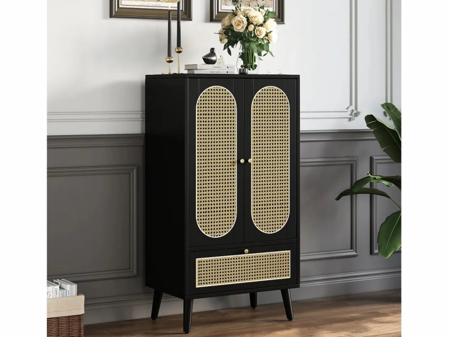 Merax Aparador con 2 puertas, 1 cajón - 60 x 40 x 110,5 cm - Tablero de partículas - Aspecto ratán - Blanco + roble