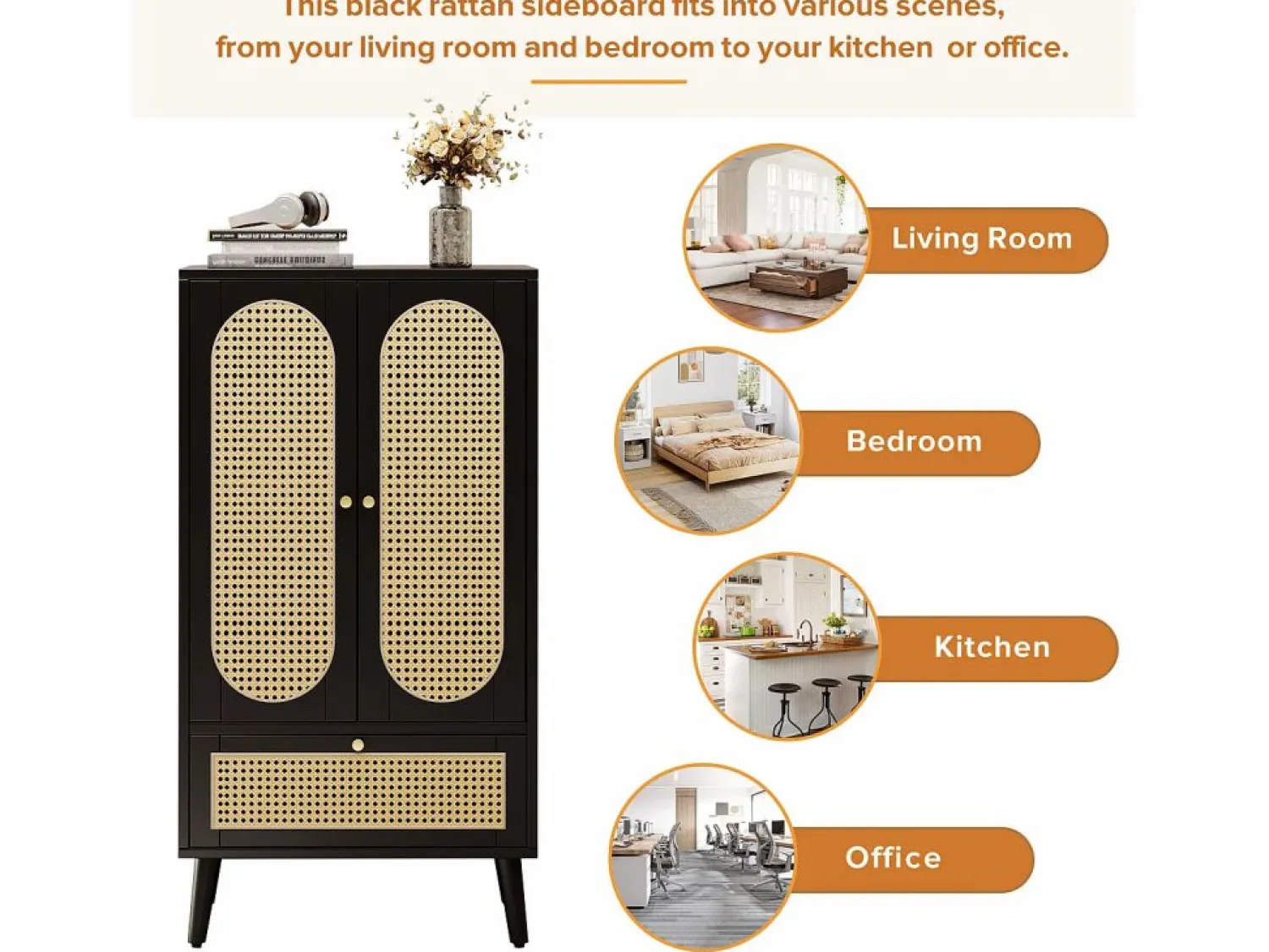 Merax Aparador con 2 puertas, 1 cajón - 60 x 40 x 110,5 cm - Tablero de partículas - Aspecto ratán - Blanco + roble