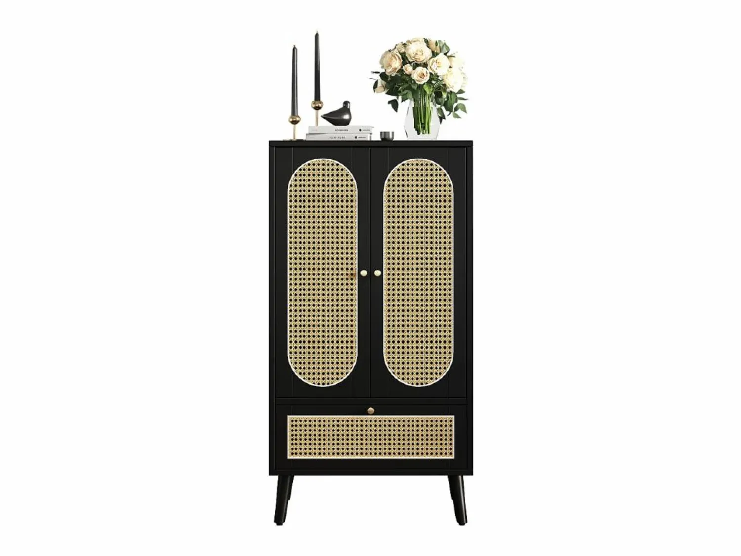 Merax Aparador con 2 puertas, 1 cajón - 60 x 40 x 110,5 cm - Tablero de partículas - Aspecto ratán - Blanco + roble