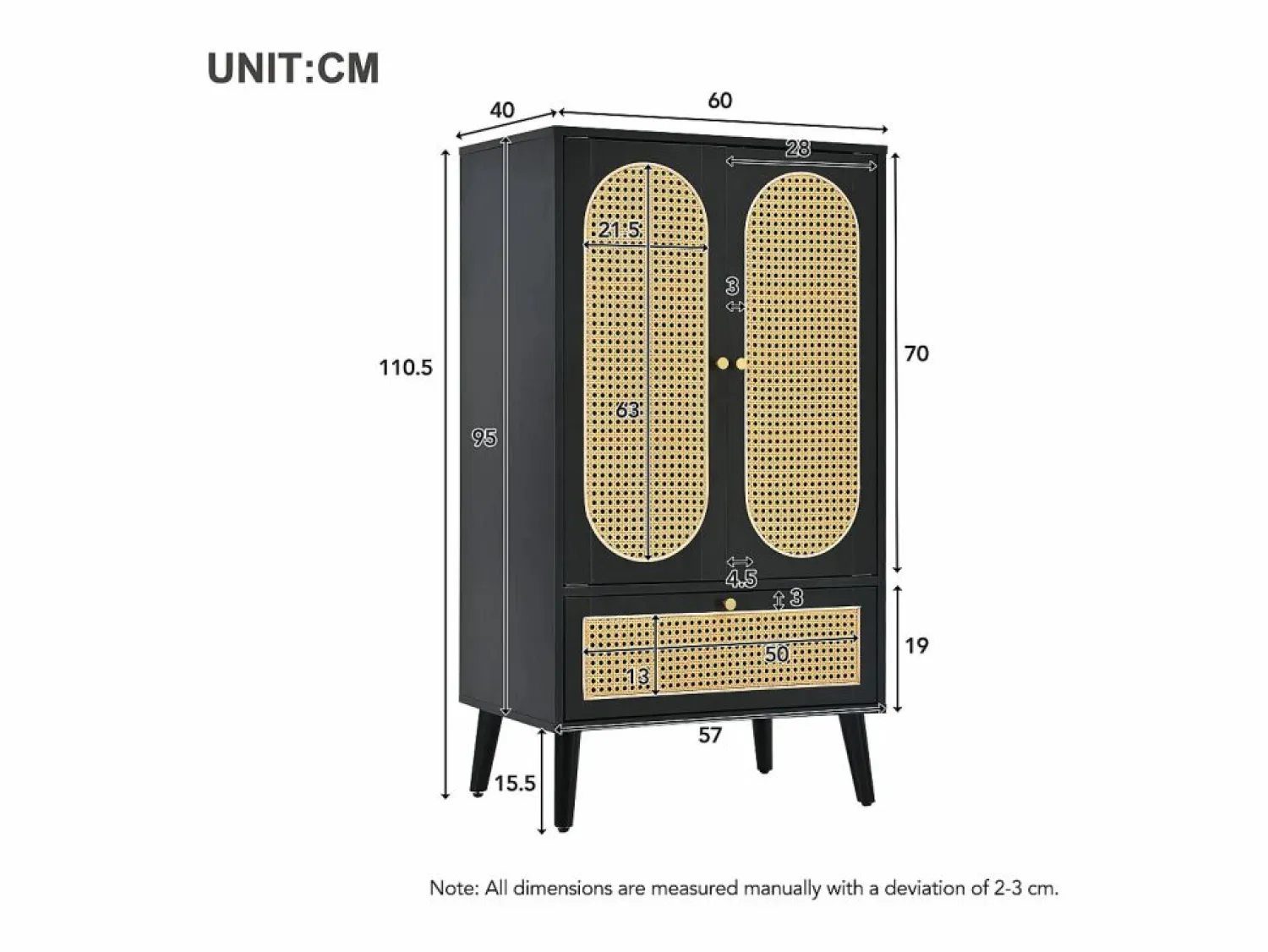 Merax Aparador con 2 puertas, 1 cajón - 60 x 40 x 110,5 cm - Tablero de partículas - Aspecto ratán - Blanco + roble