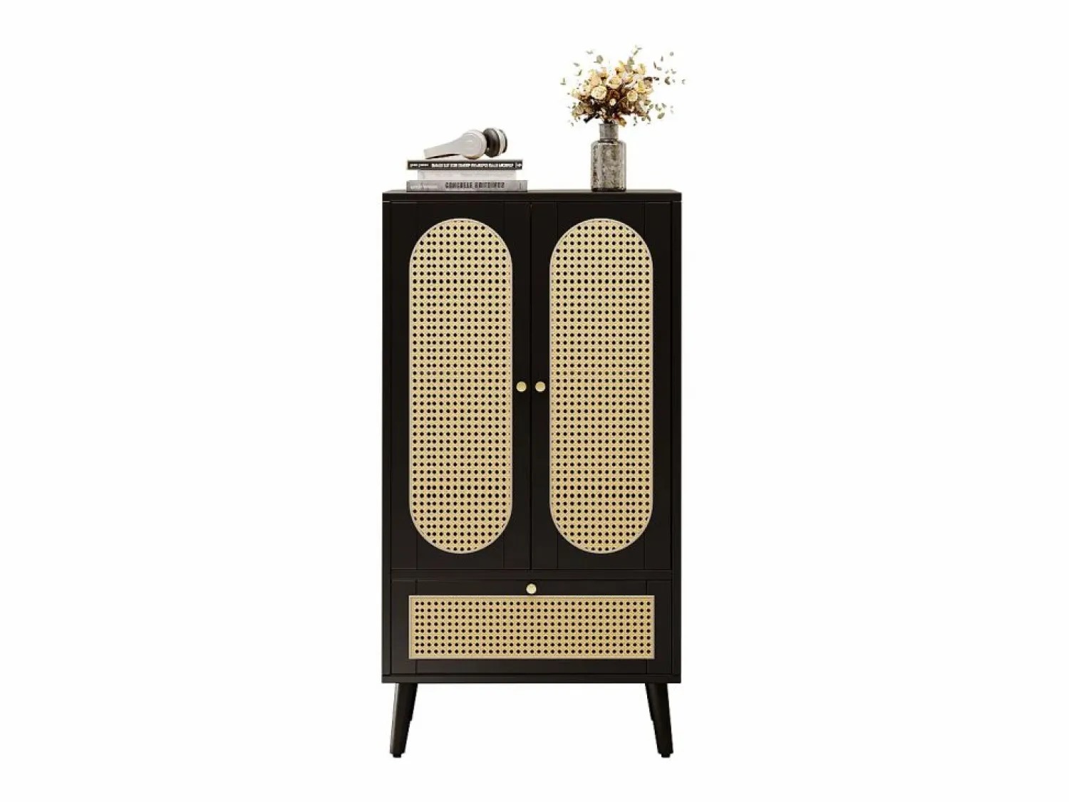 Merax Aparador con 2 puertas, 1 cajón - 60 x 40 x 110,5 cm - Tablero de partículas - Aspecto ratán - Blanco + roble