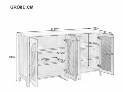 Clearance Aparador con 4 puertas de ratán - 145 x 40 x 80 cm - con estantes regulables - color natural Aparador