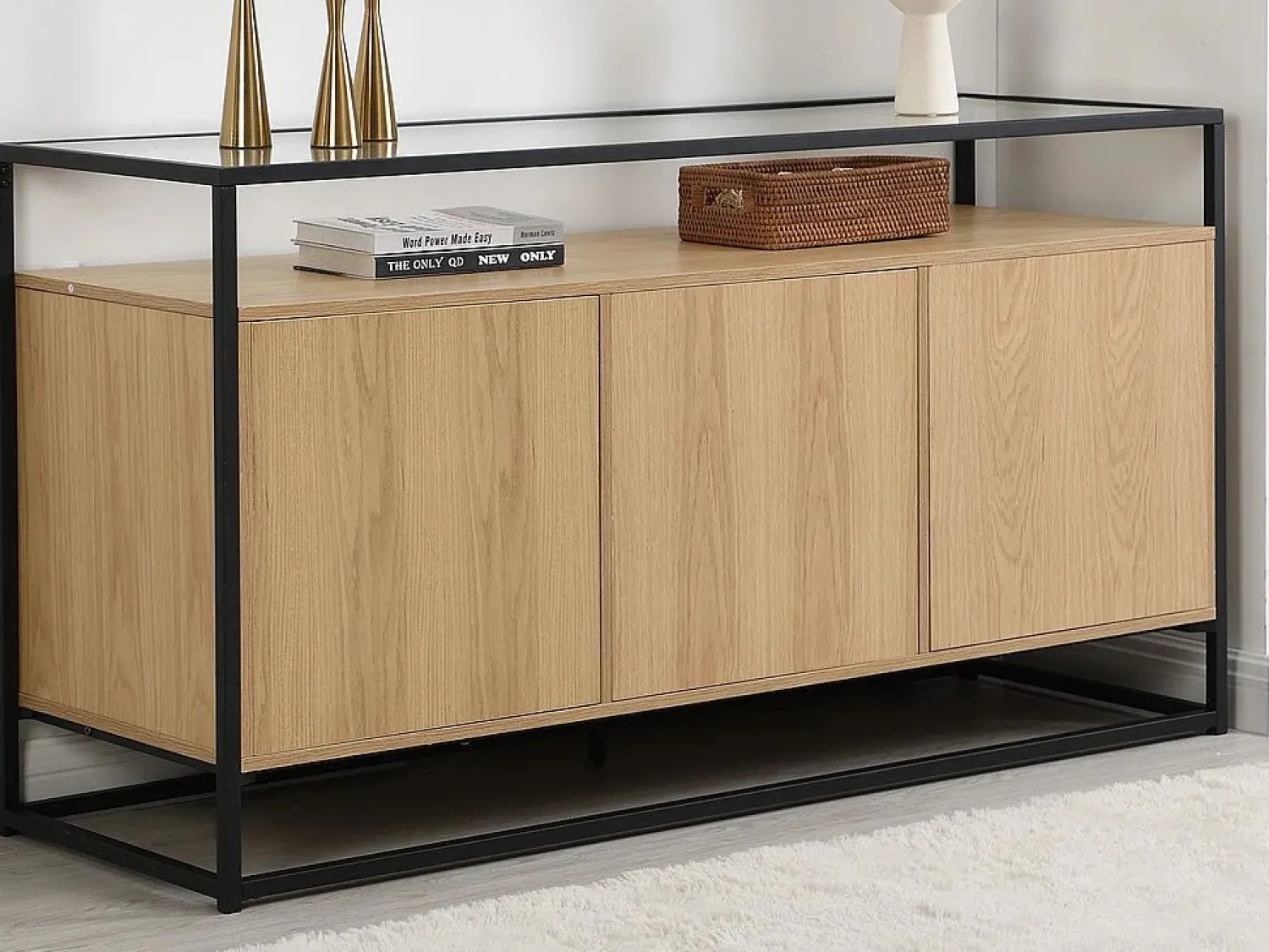 Vente-unique Aparador con 3 puertas de MDF, vidrio templado y metal - Natural claro - CAMATA