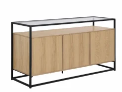 Vente-unique Aparador con 3 puertas de MDF, vidrio templado y metal - Natural claro - CAMATA