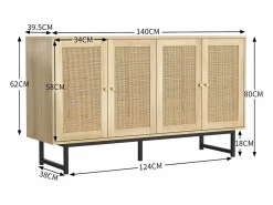 Merax Aparador con 4 puertas de ratán - 140 x 39,5 x 80 cm - Tablero de partículas - Color madera