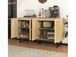 Merax Aparador con 4 puertas de ratán - 140 x 39,5 x 80 cm - Tablero de partículas - Color madera