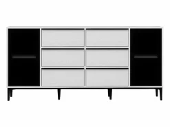 New Vente-unique Aparador con 2 puertas de vidrio templado y 6 cajones - Blanco y negro - MOLINIA Negro / Blanco