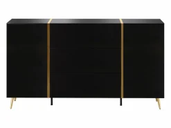Vente-unique Aparador con 2 puertas y 3 cajones - Negro brillo y dorado - MARZIALO