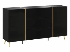 Vente-unique Aparador con 2 puertas y 3 cajones - Negro brillo y dorado - MARZIALO