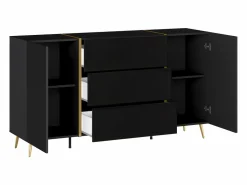 Vente-unique Aparador con 2 puertas y 3 cajones - Negro brillo y dorado - MARZIALO