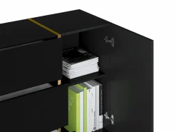 Vente-unique Aparador con 2 puertas y 3 cajones - Negro brillo y dorado - MARZIALO