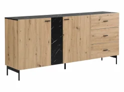 Clearance Aparador con 2 puertas y 3 cajón de MDF - Natural y efecto mármol negro - LIOMENA Aparador
