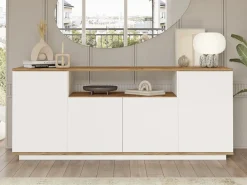 Discount Vente-unique Aparador con 4 puertas y 1 estante - Blanco y natural - LOTULA Color natural claro / Blanco
