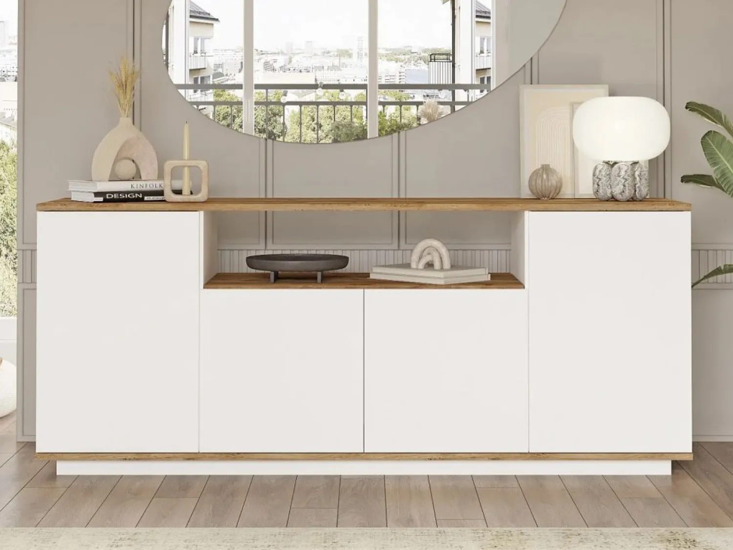 Discount Vente-unique Aparador con 4 puertas y 1 estante - Blanco y natural - LOTULA Color natural claro / Blanco