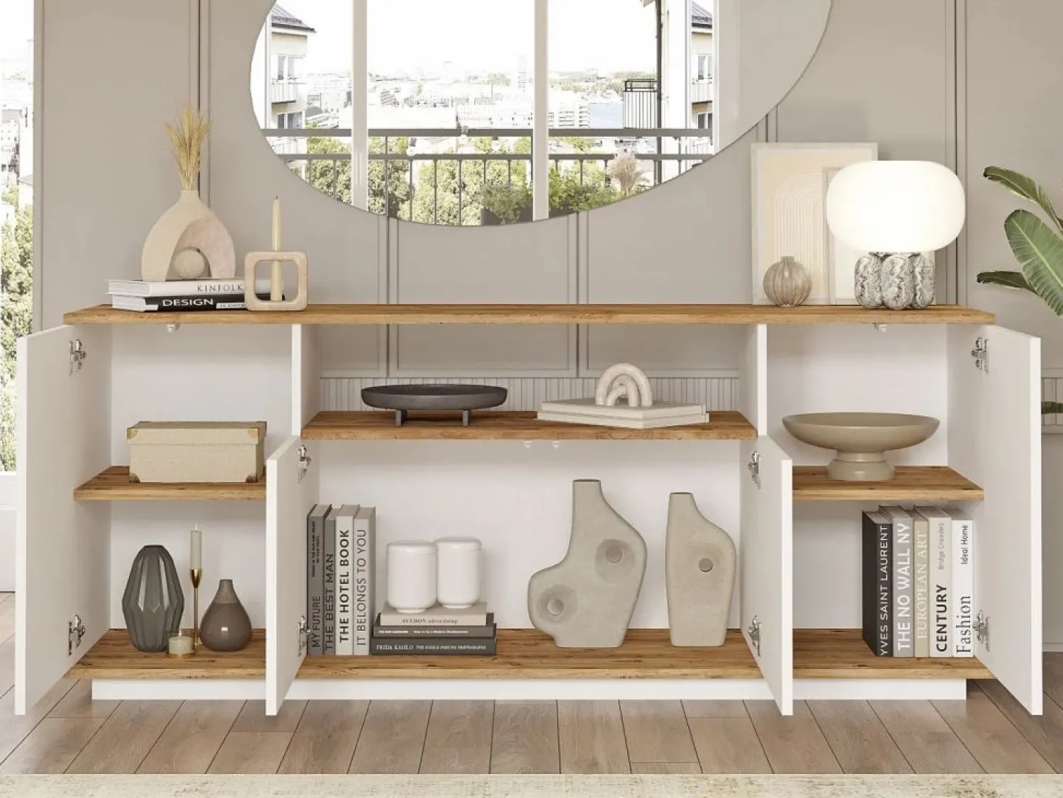Discount Vente-unique Aparador con 4 puertas y 1 estante - Blanco y natural - LOTULA Color natural claro / Blanco