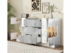 Hot Aparador con 2 puertas y 3 cajones - 140 x 35 x 75 cm - MDF y cristal - Aspecto mármol y gris brillo Aparador