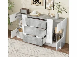Hot Aparador con 2 puertas y 3 cajones - 140 x 35 x 75 cm - MDF y cristal - Aspecto mármol y gris brillo Aparador