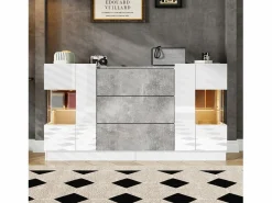 Hot Aparador con 2 puertas y 3 cajones - 140 x 35 x 75 cm - MDF y cristal - Aspecto mármol y gris brillo Aparador