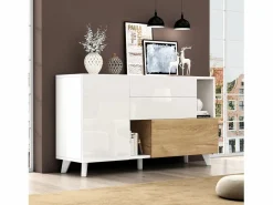 New Aparador con 2 puertas y 2 cajones - 120 x 40 x 75 cm - Tablero de partículas - brillo + Roble claro Aparador De Cocina