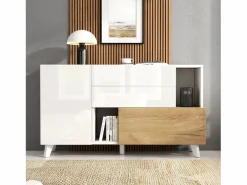 New Aparador con 2 puertas y 2 cajones - 120 x 40 x 75 cm - Tablero de partículas - brillo + Roble claro Aparador De Cocina