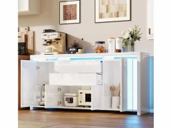 Aparador con iluminación LED y 2 cajones - Cómoda de 4 puertas con compartimentos - Mueble de almacenaje - Mueble de cocina/salón - Blanco