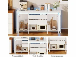 Aparador con iluminación LED y 2 cajones - Cómoda de 4 puertas con compartimentos - Mueble de almacenaje - Mueble de cocina/salón - Blanco