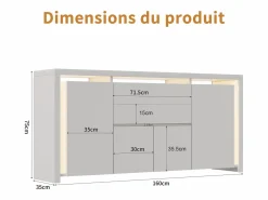 Aparador con iluminación LED y 2 cajones - Cómoda de 4 puertas con compartimentos - Mueble de almacenaje - Mueble de cocina/salón - Blanco