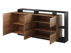 Hot Vente-unique Aparador de 4 puertas y 4 compartimentos con LEDs - Natural claro y Antracita - IDESIA Gris antracita / Color natural claro