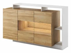Vente-unique Aparador de 3 puertas y 3 estantes con LEDs - Color: natural y blanco IDESIA