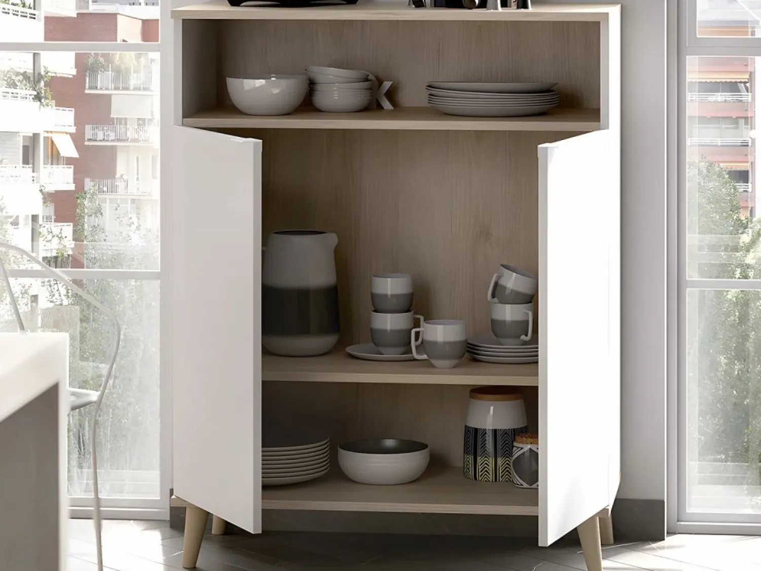 Vente-unique Aparador de cocina - 2 puertas, 1 hueco - Blanco y roble - WAJDI Color natural claro / Blanco