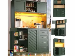 Clearance Aparador de cocina - 120 x 40 x 188 cm - con 4 puertas + LED + portavasos + cajones + estante snack - MDF - Aparador De Cocina