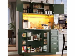 Clearance Aparador de cocina - 120 x 40 x 188 cm - con 4 puertas + LED + portavasos + cajones + estante snack - MDF - Aparador De Cocina