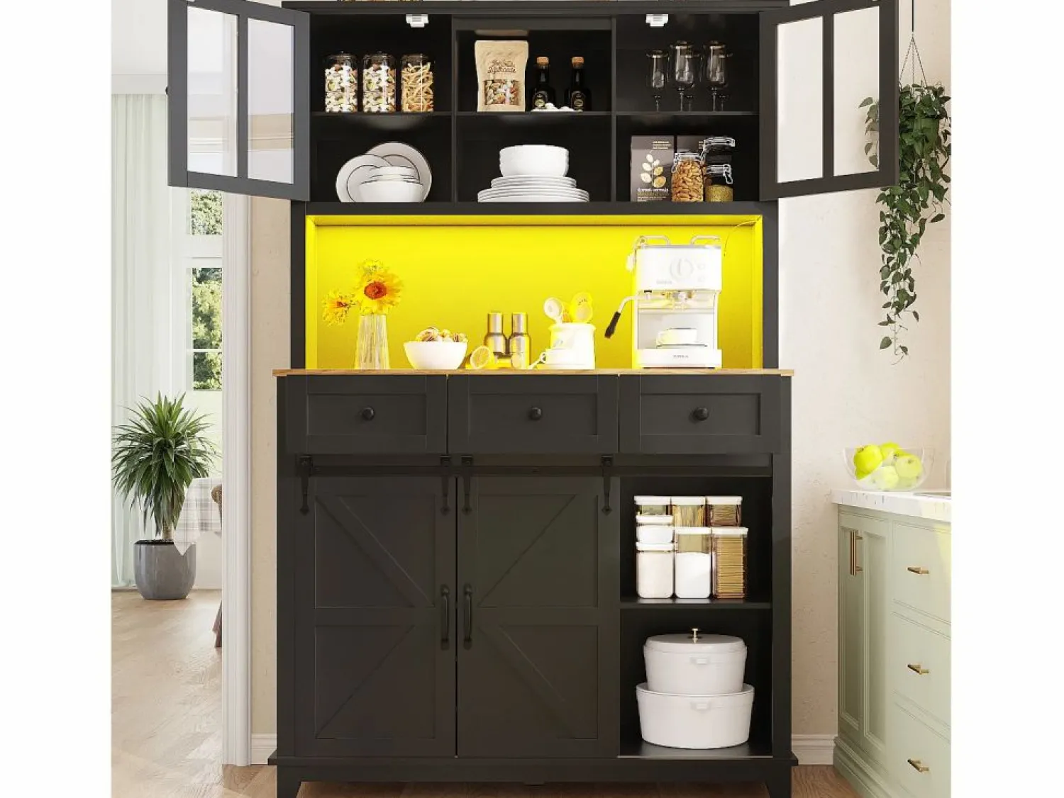 Aparador de cocina - con LED - con puerta corredera y 3 cajones - con estante ajustable - Aparador De Cocina