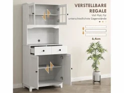 Online Aparador de cocina con 2 cajones y puertas de cristal, espacio para guardar vajilla, 68 x 39,5 x 170 cm, Blanco