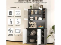 Online Merax Aparador de cocina con 4 puertas y compartimentos - 100 x 47 x 187 cm - Madera MDF - LEDs y canales para cables - Blanco