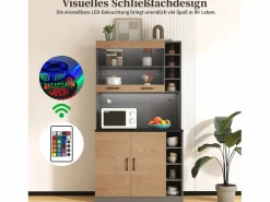 Outlet Aparador de cocina con 4 puertas y compartimentos - 100 x 47 x 187 cm - Madera MDF - LED y canales para cables - Natural + gris Aparador De Cocina