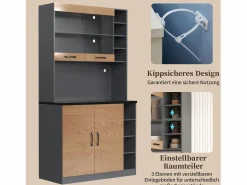Outlet Aparador de cocina con 4 puertas y compartimentos - 100 x 47 x 187 cm - Madera MDF - LED y canales para cables - Natural + gris Aparador De Cocina