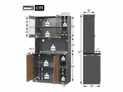 Outlet Aparador de cocina con 4 puertas y compartimentos - 100 x 47 x 187 cm - Madera MDF - LED y canales para cables - Natural + gris Aparador De Cocina