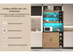Outlet Aparador de cocina con 4 puertas y compartimentos - 100 x 47 x 187 cm - Madera MDF - LED y canales para cables - Natural + gris Aparador De Cocina