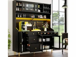 Hauss Spole Aparador de cocina con iluminación LED, 4 puertas, 3 cajones y botellero -