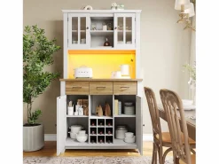 Hauss Spole Aparador de cocina con iluminación LED, 3 cajones y 4 puertas - estantes regulables - y madera