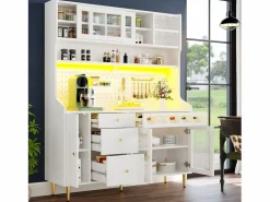 Hot Aparador de cocina con iluminación LED, 4 puertas, 3 cajones y botellero - Aparador De Cocina