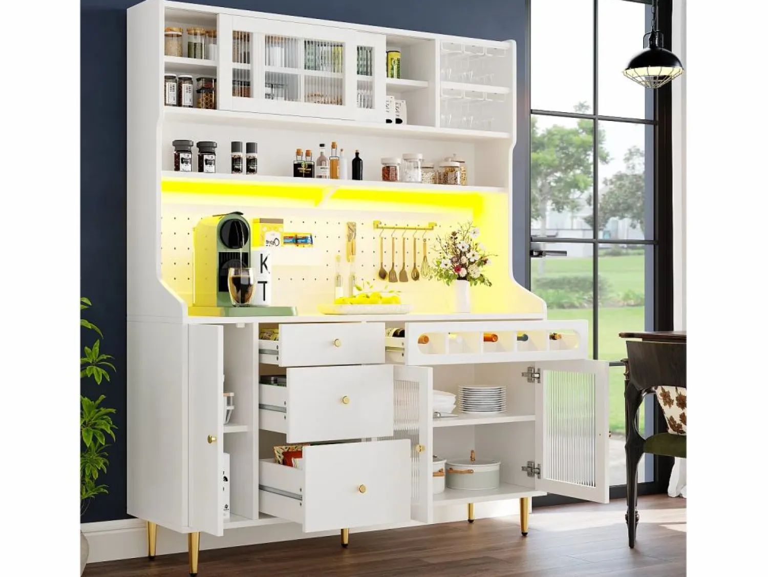 Hot Aparador de cocina con iluminación LED, 4 puertas, 3 cajones y botellero - Aparador De Cocina