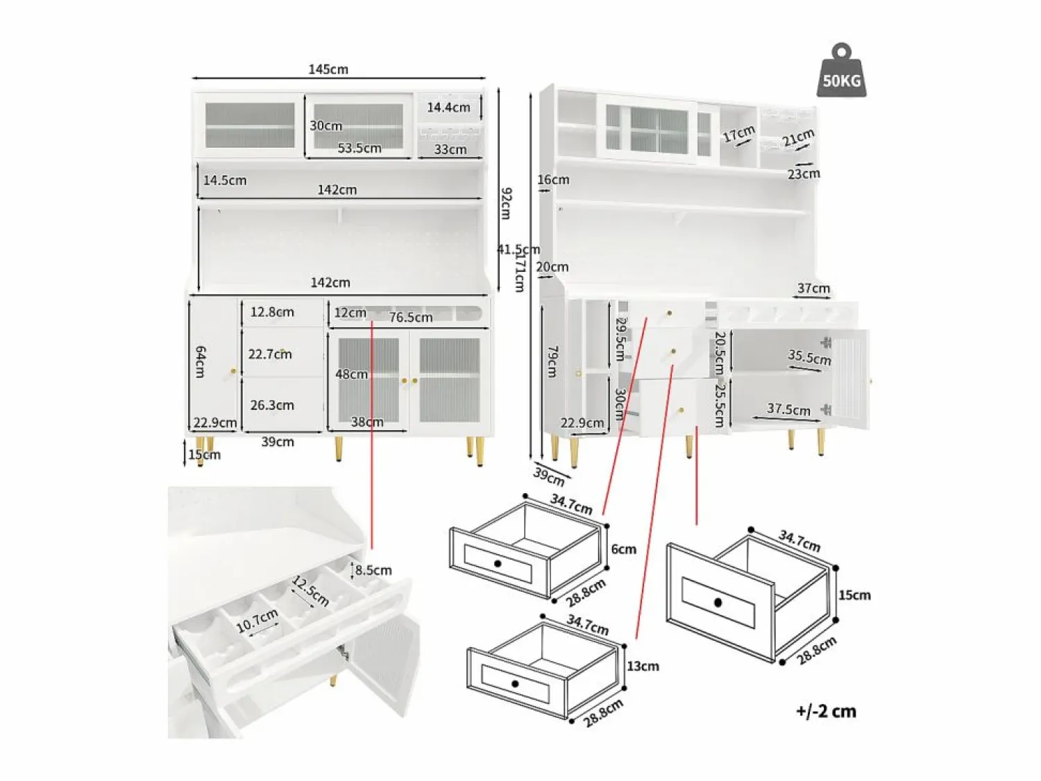 Hot Aparador de cocina con iluminación LED, 4 puertas, 3 cajones y botellero - Aparador De Cocina