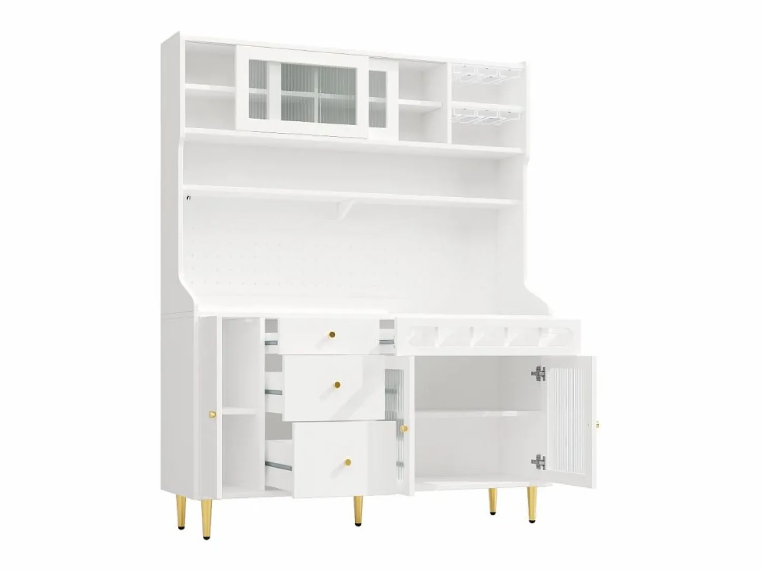 Hot Aparador de cocina con iluminación LED, 4 puertas, 3 cajones y botellero - Aparador De Cocina