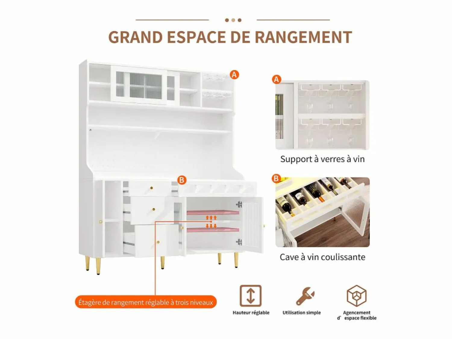 Hot Aparador de cocina con iluminación LED, 4 puertas, 3 cajones y botellero - Aparador De Cocina
