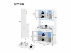 Clearance Aparador de cocina con iluminación LED, toma de corriente, 6 puertas de cristal y 2 cajones - Estantes regulables - Aparador De Cocina