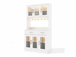 Clearance Aparador de cocina con iluminación LED, toma de corriente, 6 puertas de cristal y 2 cajones - Estantes regulables - Aparador De Cocina