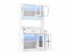 Clearance Aparador de cocina con iluminación LED, toma de corriente, 6 puertas de cristal y 2 cajones - Estantes regulables - Aparador De Cocina