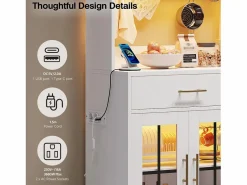 Clearance Aparador de cocina con iluminación LED, toma de corriente, 6 puertas de cristal y 2 cajones - Estantes regulables - Aparador De Cocina